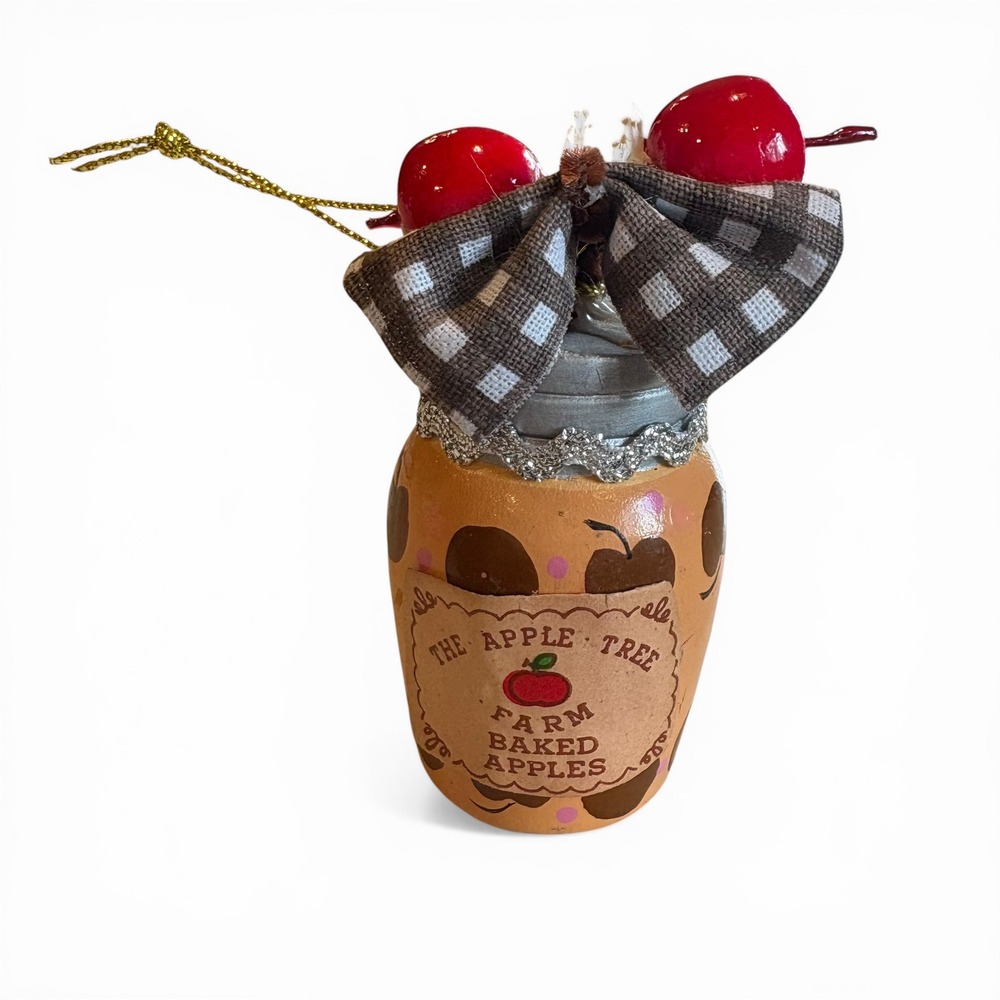 Kurt Adler Vintage Farm Baked Apples Jar Christmas Ornament Gingham Bow‎